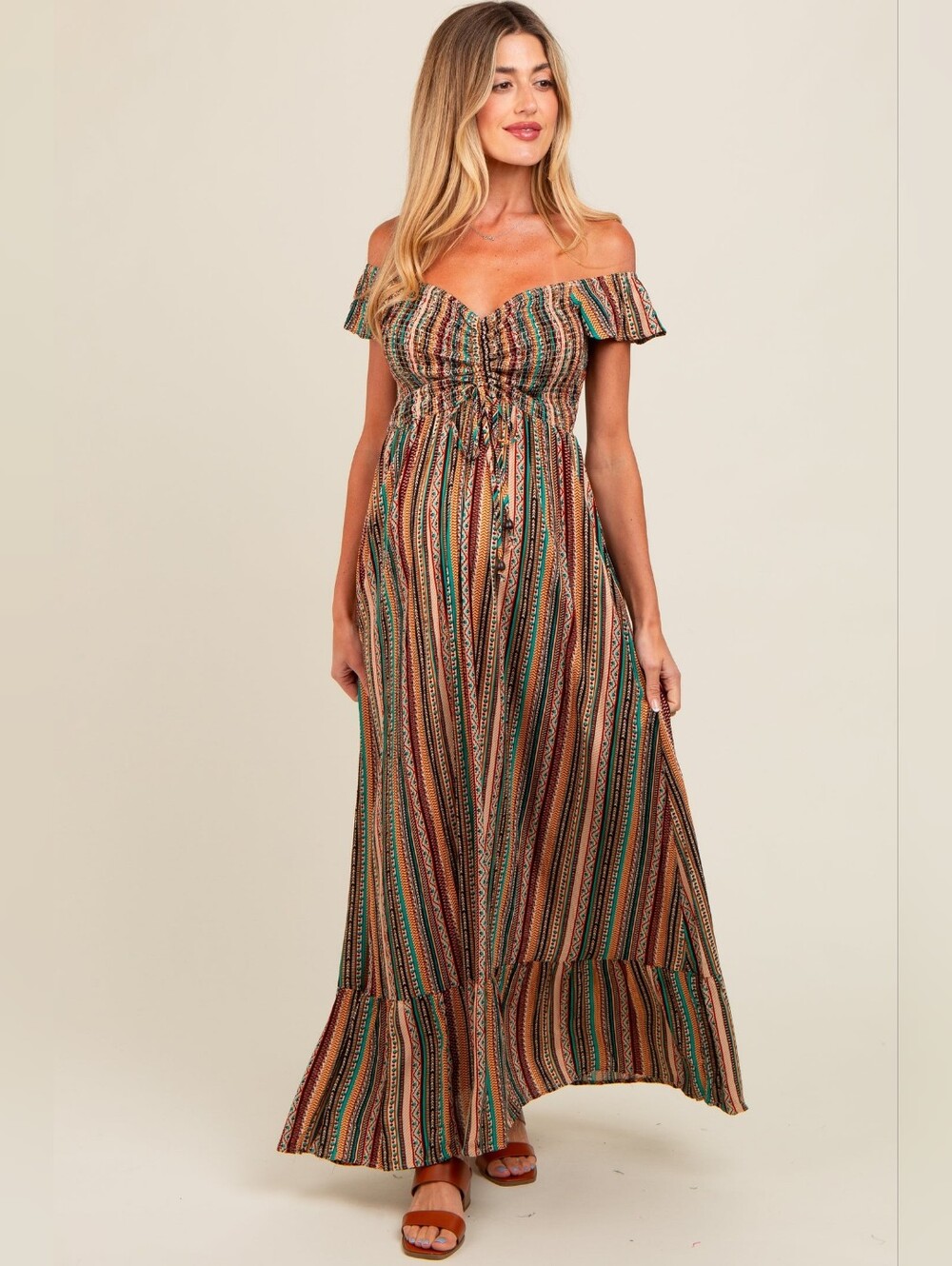 Pinkblush Multicolor Off Shoulder Cinched Maternity Maxi Dress